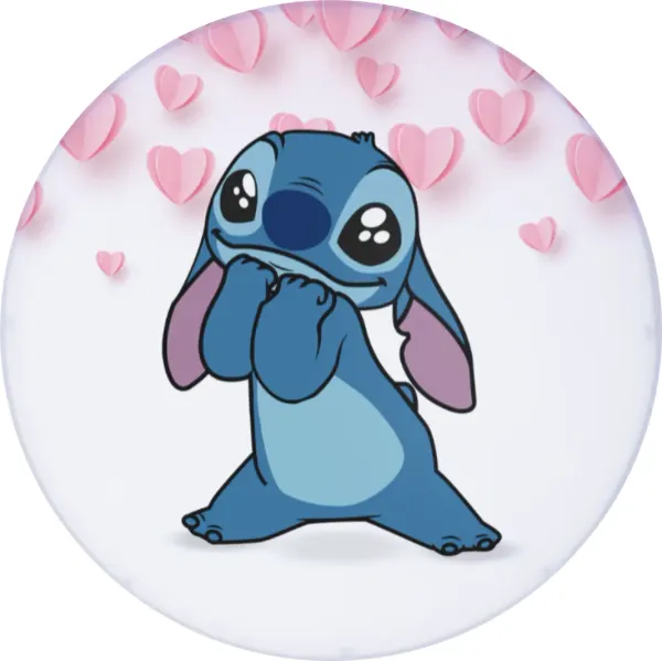 Kulatý jedlý obrázek na dort – Lilo a Stitch, Stitch s pěstmi u tváří a srdíčky (modrá, růžová, bílá)