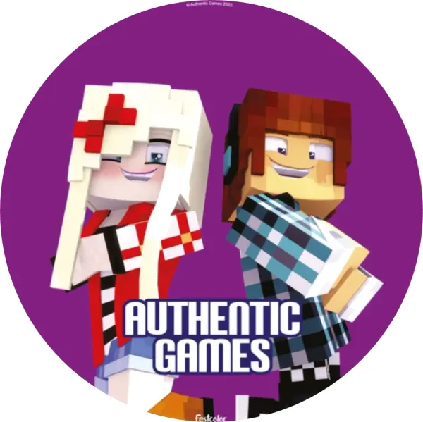 Kulatý jedlý obrázek na dort – Minecraft, Authentic Games dvojice na fialové (fialová, bílá, modrá)