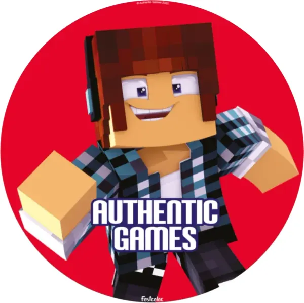 Kulatý jedlý obrázek na dort – Minecraft, Authentic Games na červeném pozadí (červená, modrá, hnědá)
