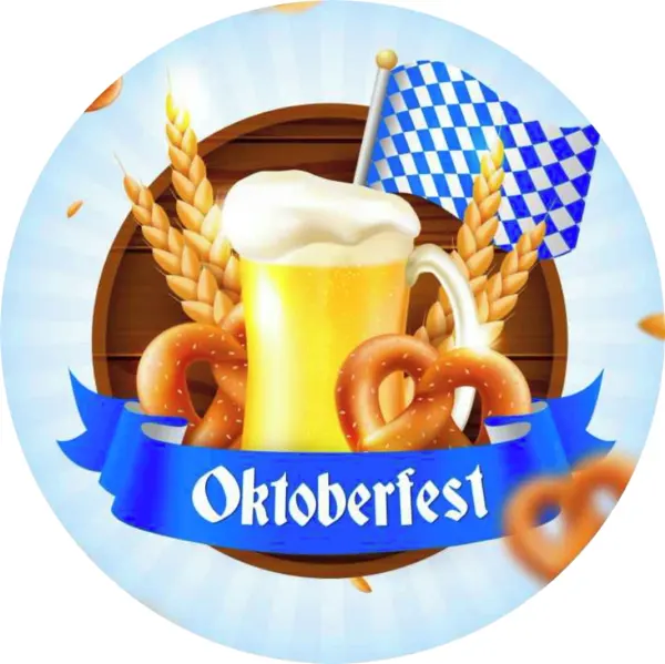 Kulatý jedlý obrázek na dort – Oktoberfest (modrá, žlutá, hnědá)