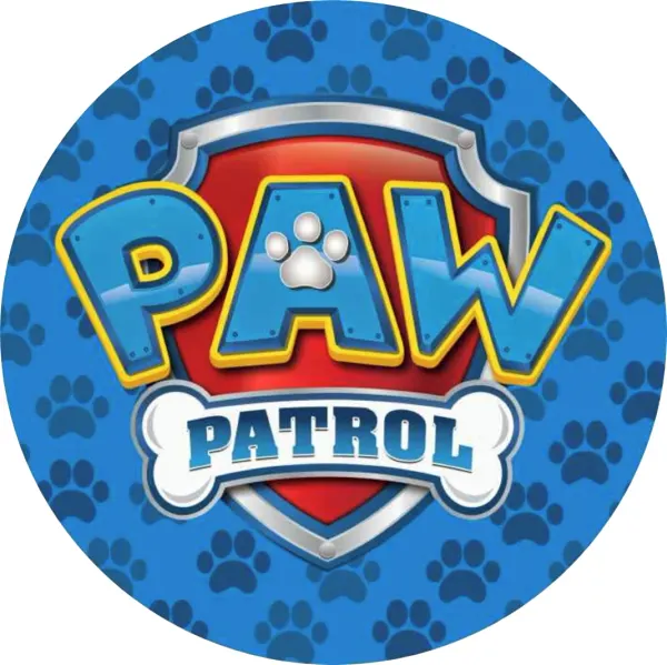 Kulatý jedlý obrázek na dort – Paw Patrol, velké logo na modrém pozadí (modrá, červená, žlutá)