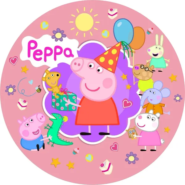 Kulatý jedlý obrázek na dort – Prasátko Peppa, oslava s kamarády a dárkem (růžová, červená, fialová)