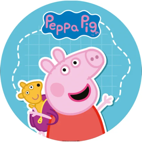 Kulatý jedlý obrázek na dort – Prasátko Peppa, s medvídkem v batůžku (modrá, růžová, červená)