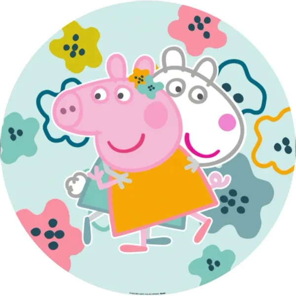 Kulatý jedlý obrázek na dort – Prasátko Peppa, v objetí s ovečkou Suzy (růžová, tyrkysová, žlutá)