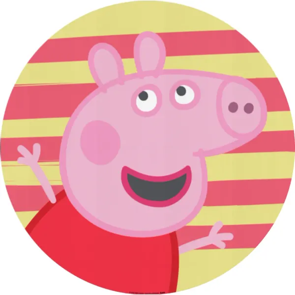 Kulatý jedlý obrázek na dort – Prasátko Peppa, na pruhovaném pozadí (růžová, červená, žlutá)