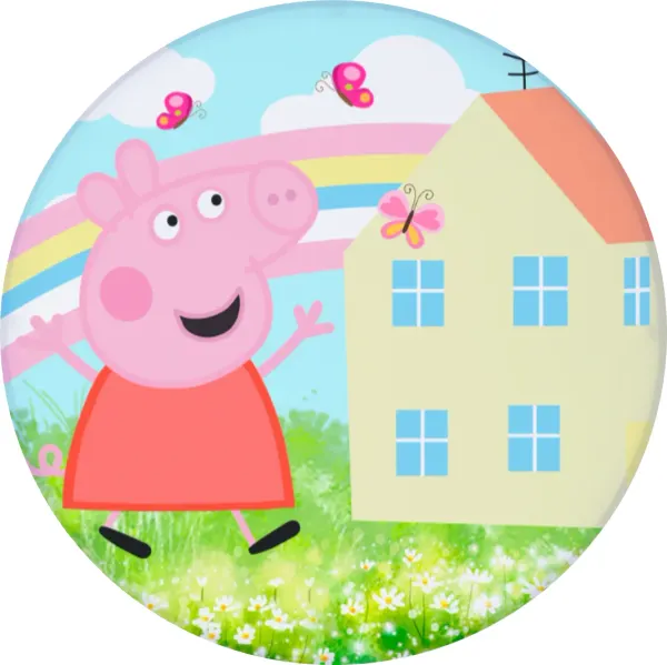 Kulatý jedlý obrázek na dort – Prasátko Peppa, louka, domek a duha (růžová, zelená, modrá)