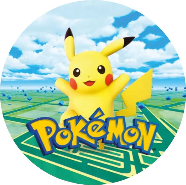 Kulatý jedlý obrázek na dort – Pokémon, Pikachu s logem v krajině (žlutá, modrá, zelená)