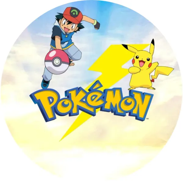 Kulatý jedlý obrázek na dort – Pokémon, Ash s bleskem a Pikachu (žlutá, modrá, červená)