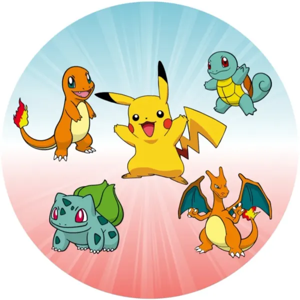 Kulatý jedlý obrázek na dort – Pokémon, Pikachu, startéři a Charizard (žlutá, modrá, červená)