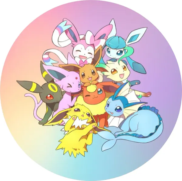 Kulatý jedlý obrázek na dort – Pokémon, Eevee a její evoluce (růžová, fialová, modrá)