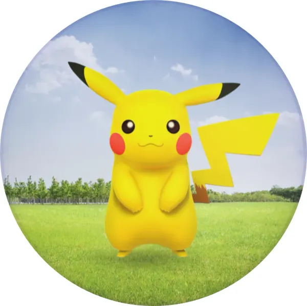 Kulatý jedlý obrázek na dort – Pokémon, Pikachu na zeleném trávníku (žlutá, zelená, modrá)
