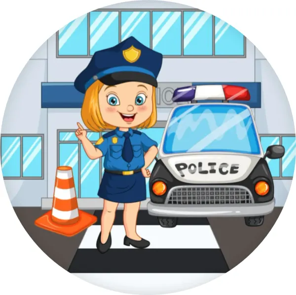 Kulatý jedlý obrázek na dort – Policistka (modrá, bílá, černá)