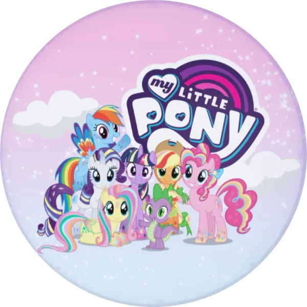 Kulatý jedlý obrázek na dort – Můj malý pony, poníci a Spike pod oblohou (růžová, fialová, modrá)