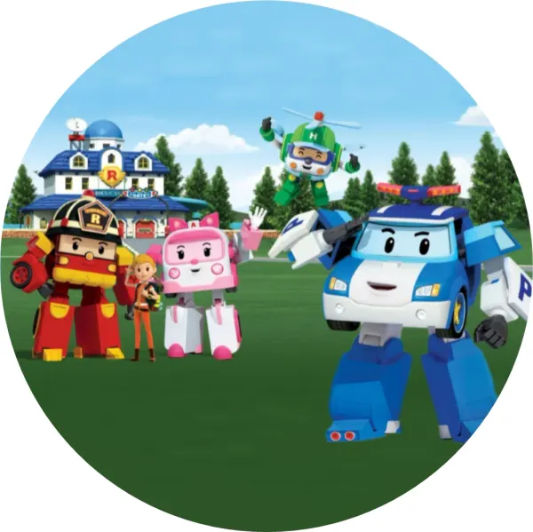 Kulatý jedlý obrázek na dort – Robocar (modrá, zelená, červená)