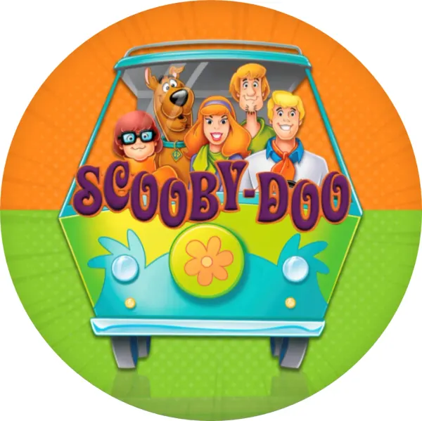 Kulatý jedlý obrázek na dort – Scooby Doo, parta vykukující z dodávky (tyrkysová, zelená, žlutá)