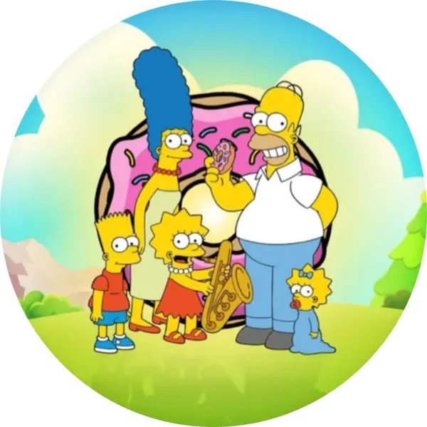 Kulatý jedlý obrázek na dort – Simpsonovi, rodina na palouku u velkého donutu (žlutá, modrá, růžová)
