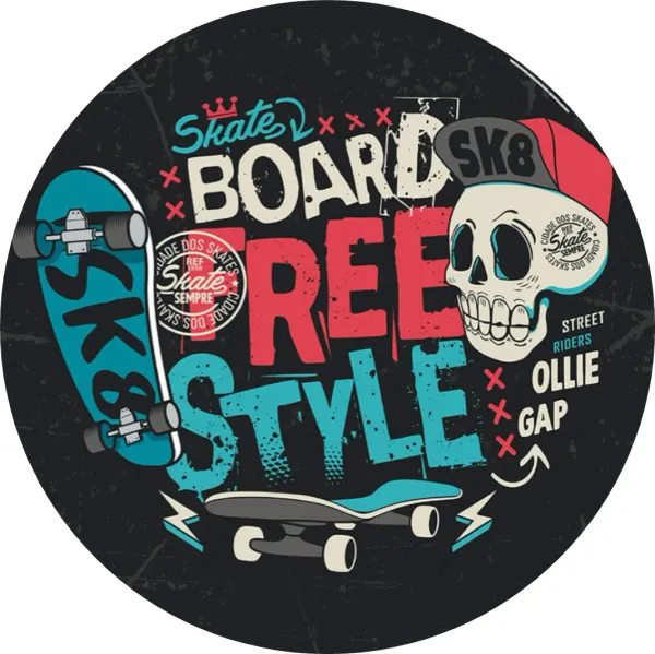 Kulatý jedlý obrázek na dort – Skateboard, lebka v kšiltovce a nápisy (černá, tyrkysová, červená)