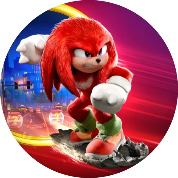 Kulatý jedlý obrázek na dort – Sonic, červený Knuckles v nočním městě (červená, modrá, růžová)