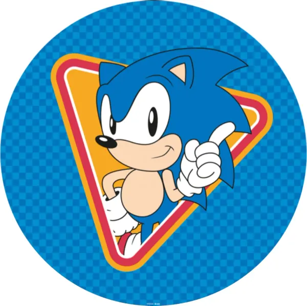 Kulatý jedlý obrázek na dort – Sonic, ve žlutém trojúhelníku a šachovnice (modrá, žlutá, bílá)