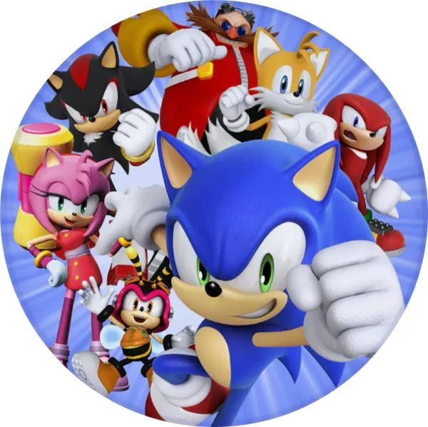 Kulatý jedlý obrázek na dort – Sonic, velká parta hrdinů a Charmy (modrá, červená, bílá)
