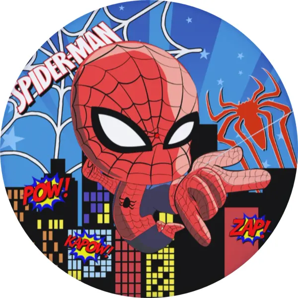 Kulatý jedlý obrázek na dort – Spiderman, komiks s bublinami POW a KAPOW (červená, modrá, černá)