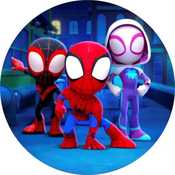 Kulatý jedlý obrázek na dort – Spiderman, hrdinové v noční ulici (modrá, červená, fialová)
