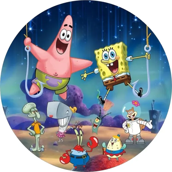 Kulatý jedlý obrázek na dort – SpongeBob, na háčku s Patrikem a přáteli (modrá, fialová, žlutá)