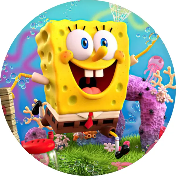 Kulatý jedlý obrázek na dort – SpongeBob, lovení medúz se síťkou (žlutá, modrá, tyrkysová)