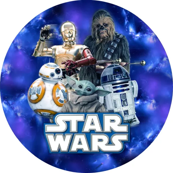 Kulatý jedlý obrázek na dort – Star Wars, C-3PO, Chewbacca, droidi a Grogu (modrá, fialová, bílá)