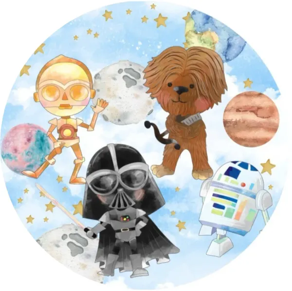 Kulatý jedlý obrázek na dort – Star Wars, akvarelové postavičky a roboti (modrá, hnědá, černá)