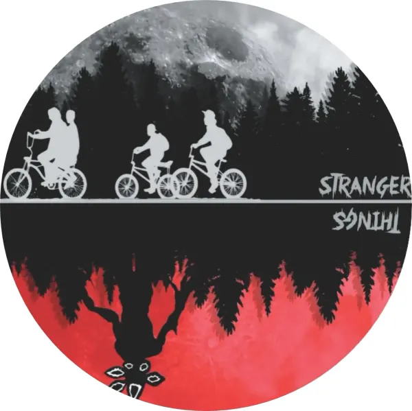 Kulatý jedlý obrázek na dort – Stranger Things, zrcadlení lesa a demogorgon (černá, červená, šedá)