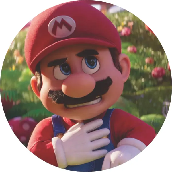 Kulatý jedlý obrázek na dort – Super Mario, detail na louce Houbového království (červená, modrá, zelená)
