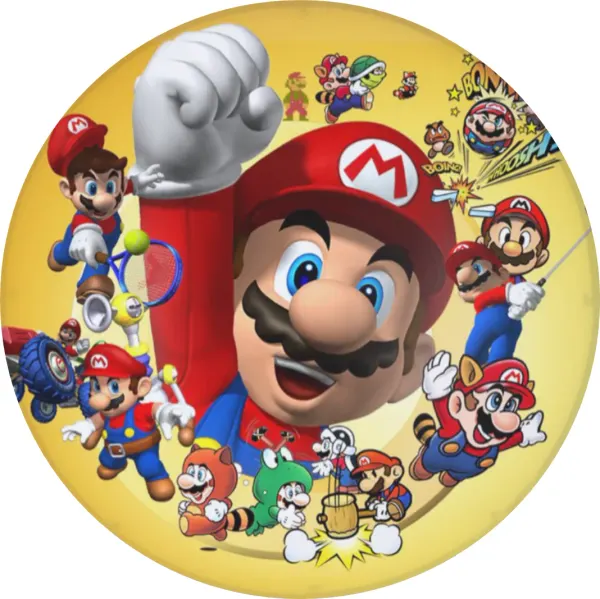 Kulatý jedlý obrázek na dort – Super Mario, různé herní podoby na žlutém pozadí (žlutá, červená, modrá)