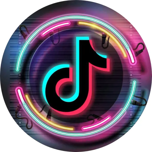 Kulatý jedlý obrázek na dort – Tik Tok, neonové logo na tmavém pozadí (černá, růžová, tyrkysová)
