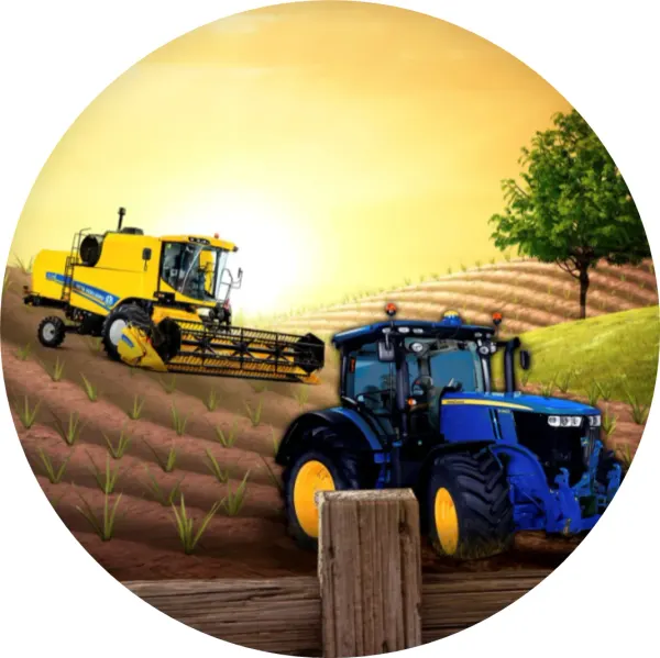 Kulatý jedlý obrázek na dort – Traktor a kombajn (žlutá, modrá, hnědá)