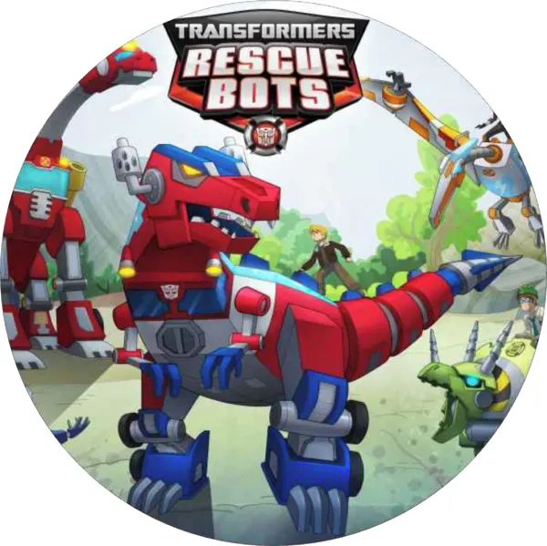 Kulatý jedlý obrázek na dort – Transformers, Rescue Bots s dinosaury v přírodě (červená, modrá, šedá)