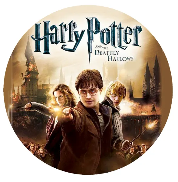 Kulatý jedlý obrázek na dort – Harry Potter a Relikvie smrti (hnědá, zlatá, černá)