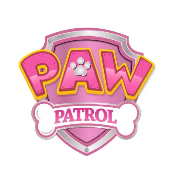 Kulatý jedlý obrázek na dort – Znak Paw Patrol, Tlapková patrola, růžový (růžová, žlutá, šedá)