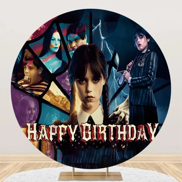 Kulatý jedlý obrázek na dort – Wednesday, v mozaice s rodinou a Enid (černá, modrá, fialová)