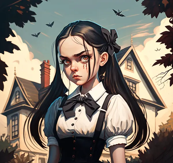 Obdélníkový jedlý obrázek na dort – Wednesday, ilustrace před sídlem s netopýry (černá, bílá, šedá)