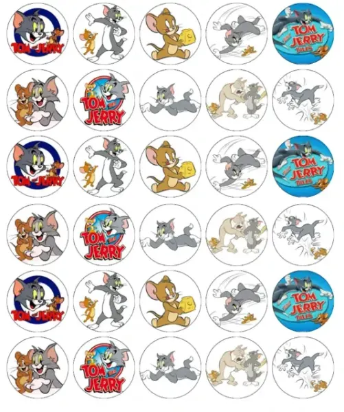 List jedlých koleček na cupcakes – Tom a Jerry, na cupcakes (modrá, šedá, hnědá)