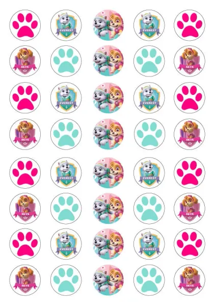 List jedlých koleček na cupcakes – Paw Patrol na cupcakes (růžová, tyrkysová, bílá)