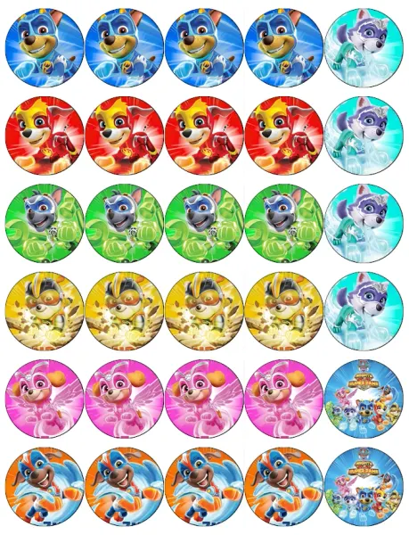 List jedlých koleček na cupcakes – Paw Patrol, Na cupcakes (modrá, červená, zelená)