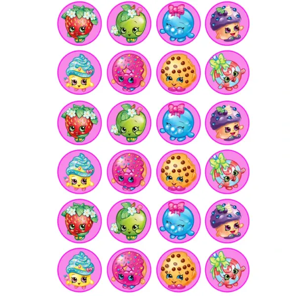 List jedlých koleček na cupcakes – Shopkins na cupcakes, různé figurky a růžová (růžová, žlutá, modrá)