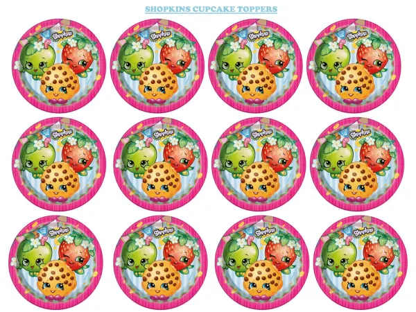List jedlých koleček na cupcakes – Shopkins na cupcakes, jablko, jahoda a sušenka (růžová, zelená, červená)