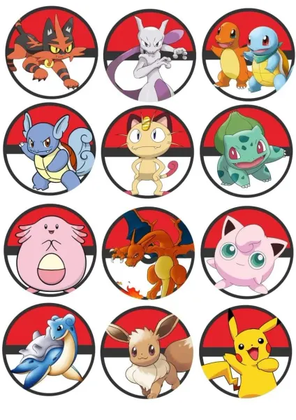 List jedlých koleček na cupcakes – Pokémon, postavičky v Pokéballu (červená, bílá, žlutá)