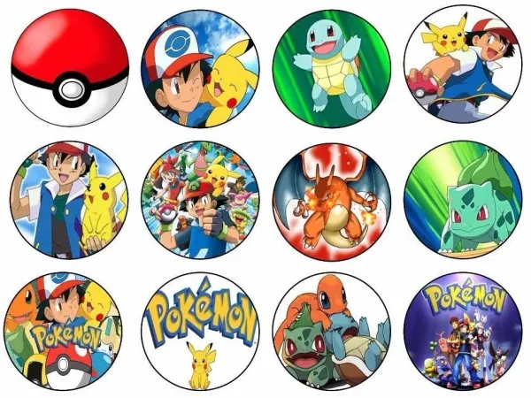 List jedlých koleček na cupcakes – Pokémon, Ash s Pikachu a parta hrdinů (červená, modrá, zelená)