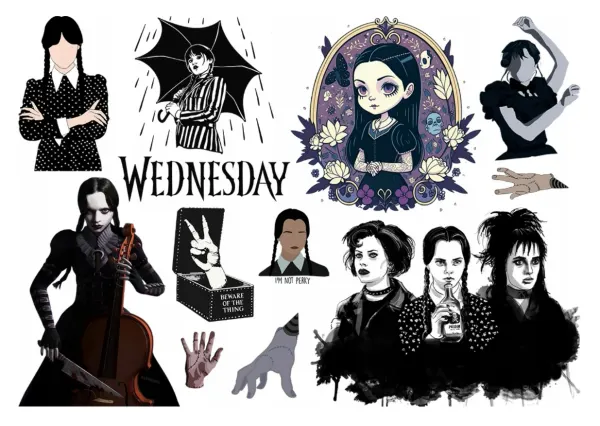 Obdélníkový jedlý papír k výřezu – Wednesday, siluety, deštník, cello a Thing (černá, bílá, fialová)
