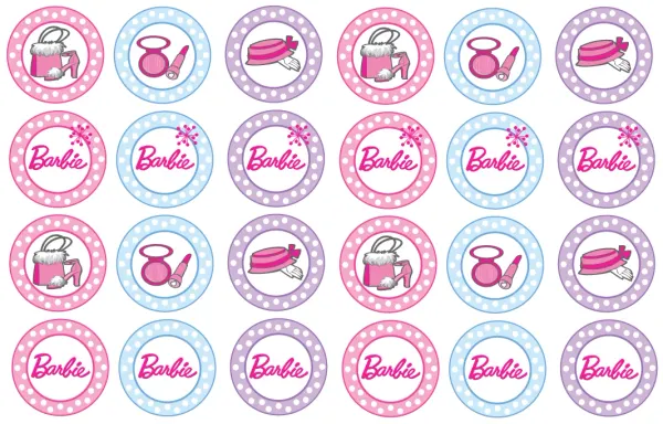 List jedlých koleček na cupcakes – Barbie, pastelová kolečka s doplňky (růžová, fialová, modrá)
