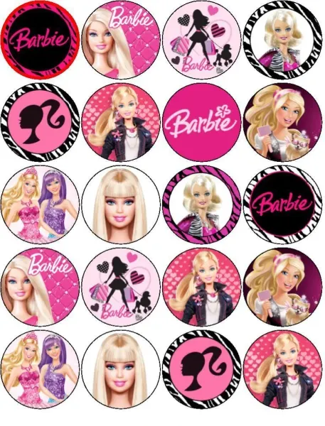 List jedlých koleček na cupcakes – Barbie, bunda, siluety a zebří lem (růžová, černá, bílá)